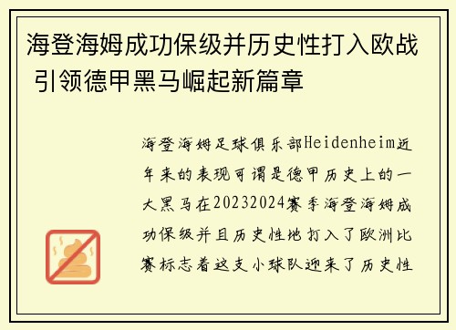 海登海姆成功保级并历史性打入欧战 引领德甲黑马崛起新篇章 海登海姆成功保级并历史性打入欧战 引领德甲黑马崛起新篇章